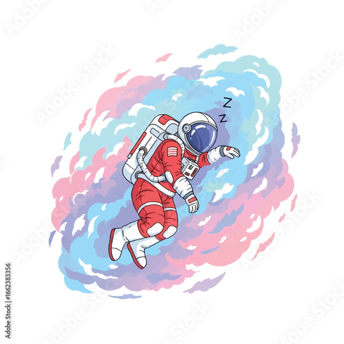 An astronaut in a red suit floats peacefully, sleeping amidst a vibrant, colorful nebula of pink, blue, and purple.