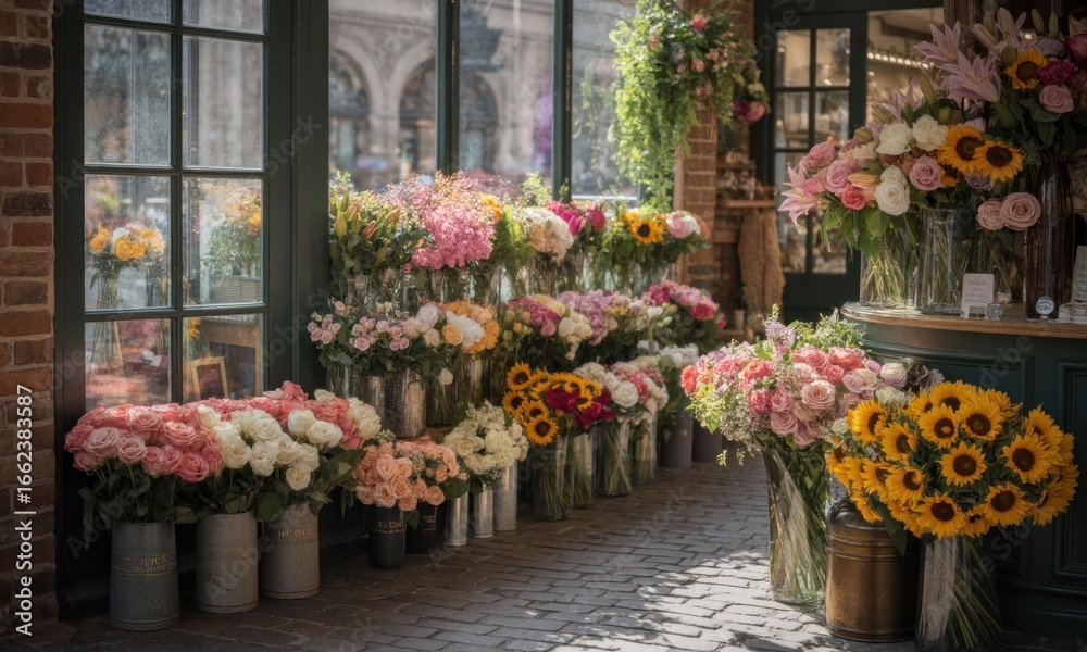 Obraz premium Sunny floral shop with vibrant bouquets