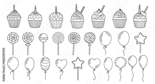 Hand-Drawn Birthday Party Elements Featuring Cupcakes, Lollipops, and Balloons for Invitations and Party Decorations Design Projects.