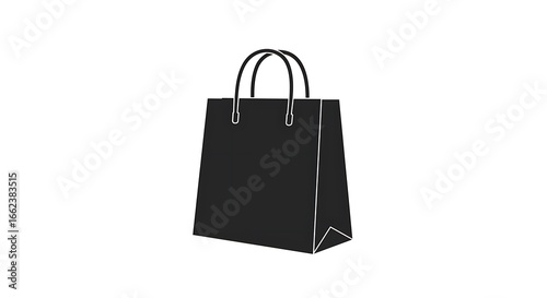 Black shopping bag vector illustration. Minimalist retail paper bag icon with handles isolated on white background for sales and commerce
