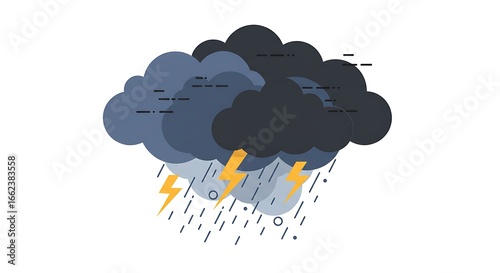 Vector illustration of a thunderstorm with dark ominous clouds, heavy rain, and yellow lightning bolts. A flat design icon for stormy weather concepts