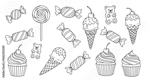 Sweet Treats Line Art Collection Featuring Candies, Cupcakes, and Ice Cream Cones for Coloring Books and Educational Resources on Desserts.