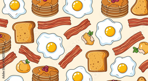 Cheerful Breakfast Food Pattern Featuring Pancakes, Eggs, Bacon, and Toast for Culinary Designs and Restaurant Menus, Suitable for Backgrounds