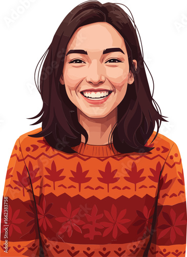 Young woman smiling warmly wearing autumn colors sweater with leaf pattern vector portrait illustration