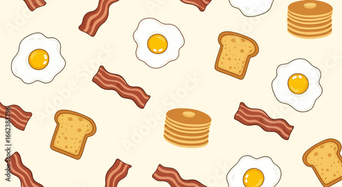 Whimsical Breakfast Food Pattern Featuring Eggs, Bacon, Pancakes, and Toast for Menu Design, Recipe Illustration, or Food Blog Backgrounds