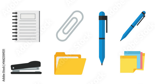 Essential office supplies collection featuring a notebook, paperclip, stapler, folder, pen, and sticky notes for organizational and productivity projects.