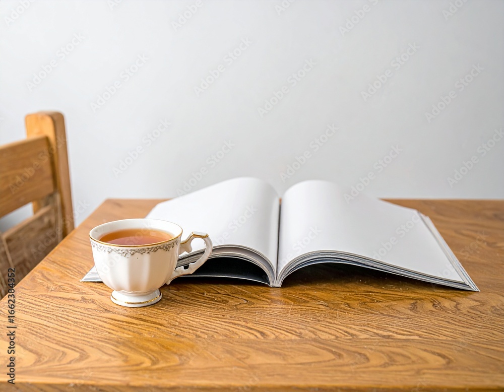 Fototapeta premium Cozy Still Life Tea, Open Book, and Wooden Table in Natural Light