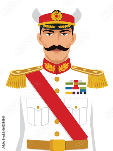 Military officer uniform with red sash and golden epaulettes vector illustration