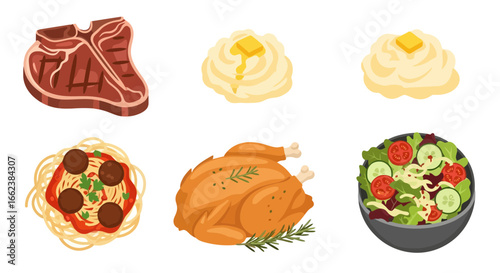 Delicious and Diverse Meal Selection Featuring Steak, Mashed Potatoes, Pasta, Chicken, and Salad, Suitable for Food Blogs, Recipe Sites, and Restaurant Menus.