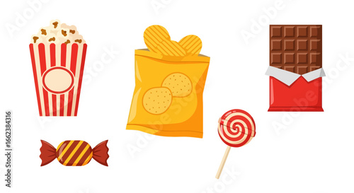 Colorful and Tempting Assortment of Cartoon Sweets and Snacks: Ideal for Children's Illustrations, Party Invitations, or Menu Designs