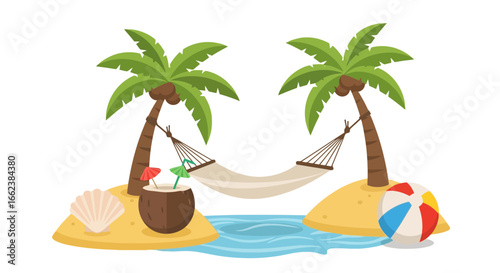 Tropical Island Paradise Illustration with Hammock and Coconut Drink, Ideal for Summer Vacation and Travel-themed Design Projects.