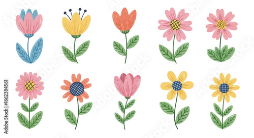 Whimsical Floral Collection Featuring Hand-Drawn Style for Decorative Designs, Springtime Themes, and Children's Illustrations, Suitable for Backgrounds, Patterns, and Crafts