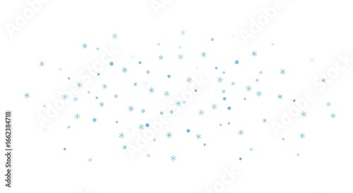 A serene scatter of pale blue snowflake crystals floating gently, isolated on a pure white background for a minimal winter design