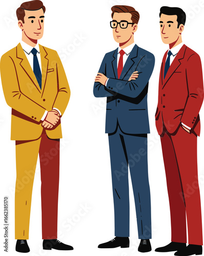 Three professional men wearing suits standing and talking in business meeting vector illustration