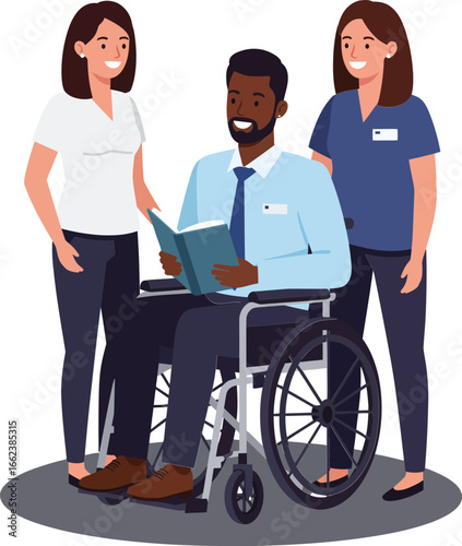 Diverse medical staff assisting wheelchair patient with open book in healthcare setting teamwork and support concept
