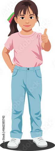 Little girl standing with thumbs up wearing pink shirt and blue jeans casual outfit vector illustration