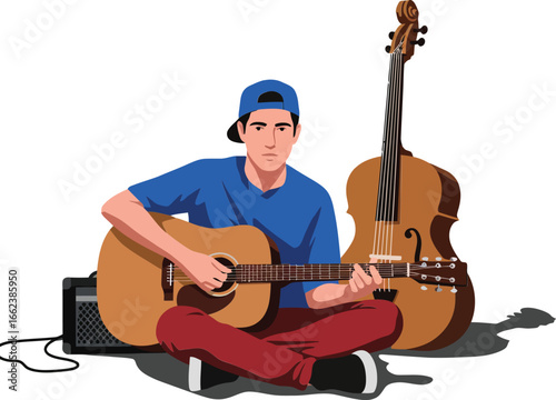 Young man playing acoustic guitar sitting on floor with upright bass and amplifier vector illustration