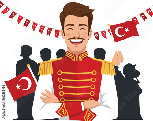 Turkish man in traditional red and gold military costume with Turkish flags and smiling happy crowd background vector illustration