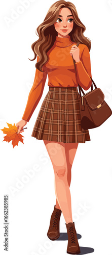 Young woman with long wavy hair wearing orange turtleneck and plaid skirt holding autumn leaves walking stylishly