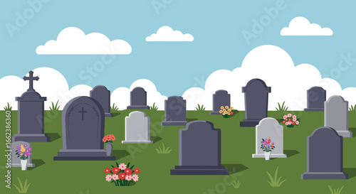 A graveyard with tombstones under a cloudy blue sky scene