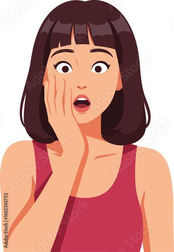 Surprised woman with hand on cheek expressing shock and amazement vector illustration portrait in casual red top