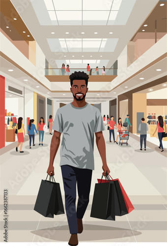 Man walking with shopping bags in busy mall interior with shoppers and modern architecture vector illustration