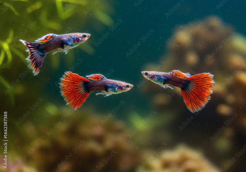 Fototapeta premium AI-generated realistic images of tropical fish and guppies in water.