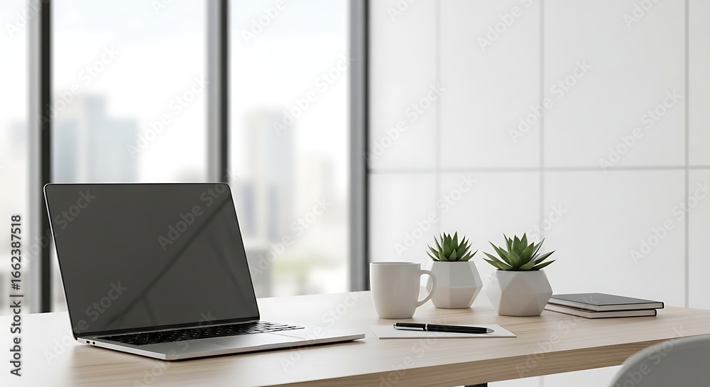 Fototapeta premium Minimalist Office Desk Setup with Laptop, Succulents, and City View