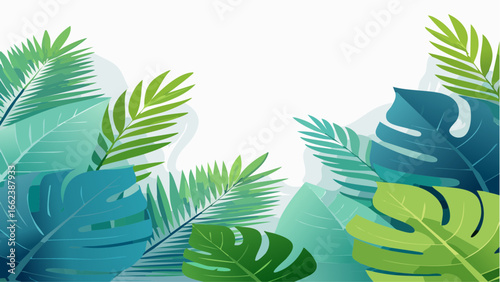 Layered tropical leaf background in deep greens and teals, soft shadows and rich texture for a lush feel