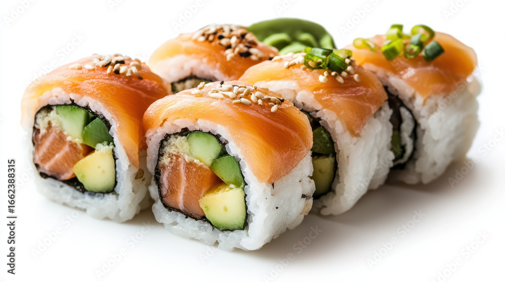 Fresh sushi rolls with salmon and avocado, garnished with sesame seeds, evoke delightful Fresh sushi rolls with salmon and avocado, garnished with sesame seeds, evoke delightful
