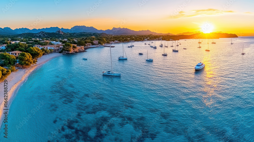 Fototapeta premium Aerial view of serene beach with boats at sunset, showcasing vibrant colors and calm waters