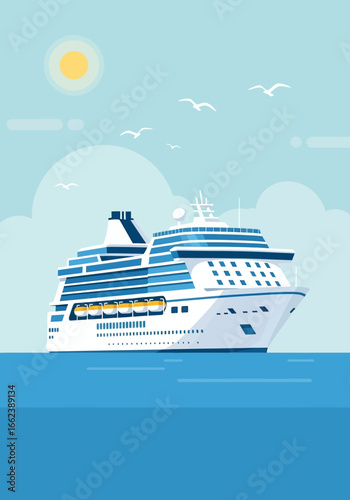 A large cruise ship sailing on the calm blue ocean under a sunny sky with seagulls.