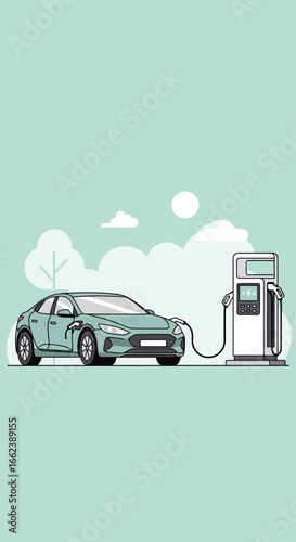Electric car charging at a station with a green background illustration.