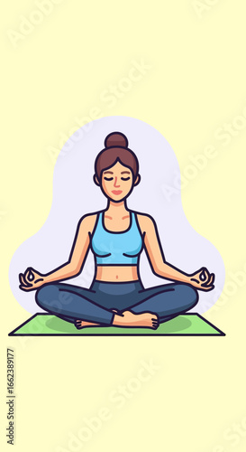A cartoon illustration of a woman meditating peacefully in the lotus position on a green yoga mat.