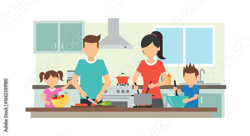 A family is happily cooking together in their modern kitchen, preparing a meal.
