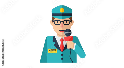 A male reporter wearing glasses and a hat holding a microphone, ready to report the news.