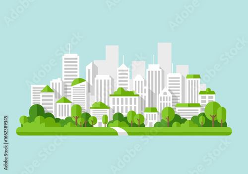 Stylized vector illustration of a modern city skyline with green spaces and white buildings.