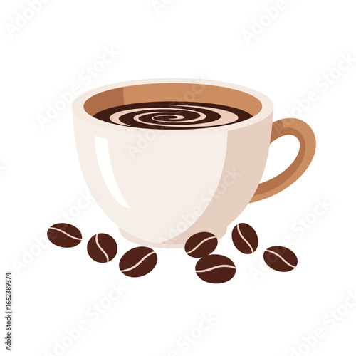 A cup of coffee with coffee beans beside it.