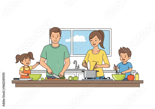 A family of four is happily cooking together in a bright and modern kitchen, preparing a meal.