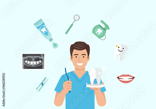 Friendly male dentist holding a toothbrush and tooth model, surrounded by various dental care icons and equipment.