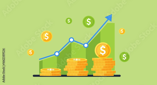 Illustration of financial growth with stacks of coins and an upward trending graph.
