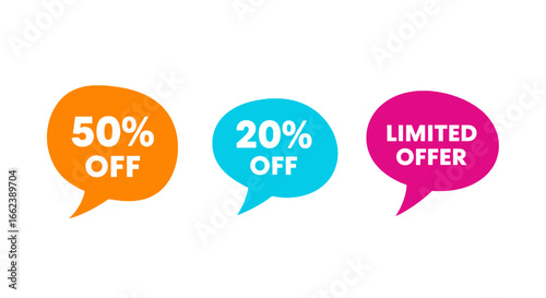 Promotional sale bubbles for marketing campaigns: Get 50% off, 20% off, or snag a limited offer deal now for amazing savings