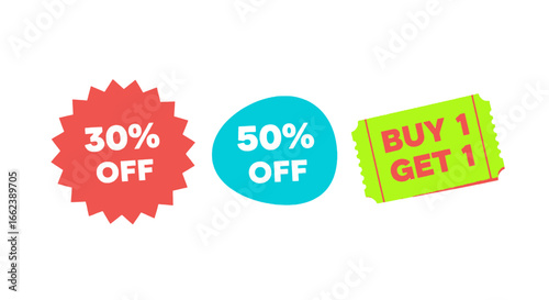 Exciting retail sale promotion featuring 30 percent off, 50 percent off, and buy one get one free deal to maximize customer savings