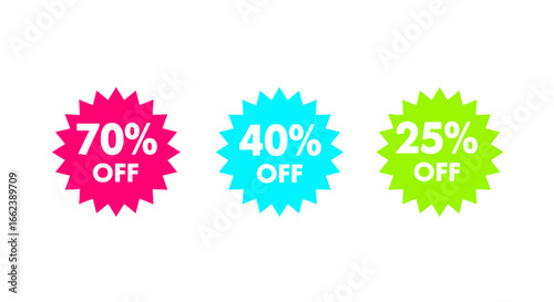 Eye-catching seventy, forty, and twenty-five percent off deal badges perfect for grabbing attention and boosting sales online and in print