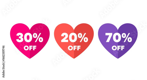 Heart shaped discount promotion 30, 20 and 70 percent off for Valentine's Day sales event, retail promotion and marketing campaign