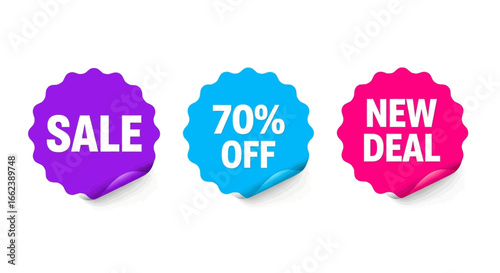 Limited time sale offers with vibrant stickers, featuring 70% off and brand new deals perfect for promotions or advertisements
