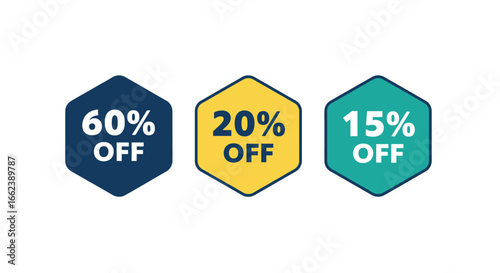 Limited time discounts 60%, 20%, and 15% off special offer sale promotional badges great savings event modern marketing campaign