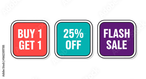 Promotional vector marketing with buy one get one, flash sale, and 25% off deals entice customers with dynamic online sales events