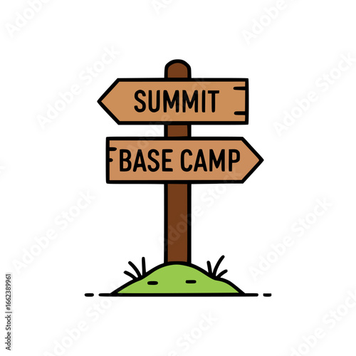 Direction signboard for hikers showing summit and base camp paths, rustic wooden guidepost on grassy outdoor landscape