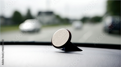Fototapeta Naklejka Na Ścianę i Meble -  Close-up of a circular, brushed-metal phone mount affixed to a car's dashboard, with a blurred roadway and vehicles in the background